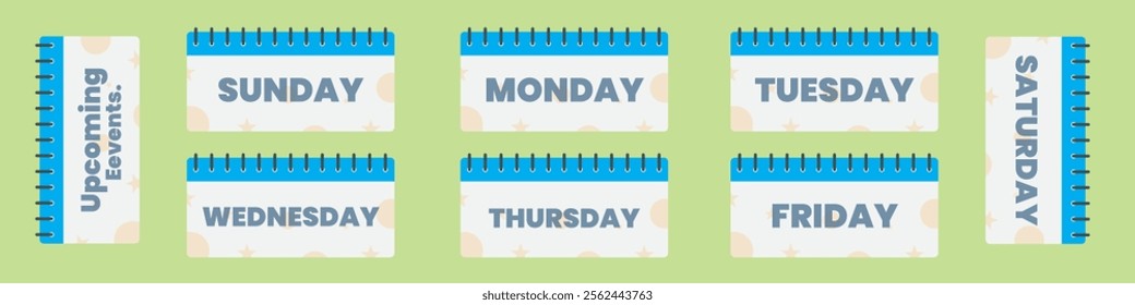 Weekdays names vector design. Text day Monday, Tuesday, Wednesday, Thursday, Friday, Saturday, Sunday, card with text.  For planner calendar design