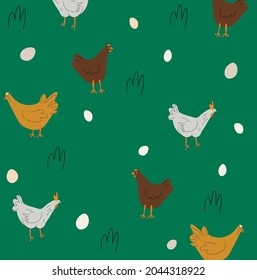 Weekdays on the farm. Group of multicolored chickens and eggs. Clothing illustration, children's illustration, poster illustration, gift paper, fabric, Easter illustration. Summer 