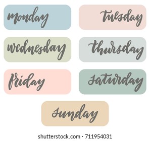 Weekdays planner bujo stickers. Modern calligraphy printable template for worker records, study journal or private diary. Aesthetic lettering on background in trendy color palette.