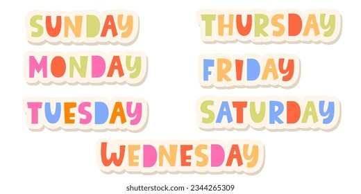 Weekdays Sticker Planer Design Element. Tag der Woche. Handgeschriebene ausgeschnittene Schrift einzeln auf Weiß