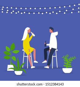 Weekend activities. Romantic date in a garden. Outdoor cafe terrace. String lights and plants. Hipster cafe. Summer. A couple drinking beverages. Flat editable vector illustration, clip art