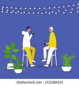 Weekend activities. Romantic date in a garden. Outdoor cafe terrace. String lights and plants. Hipster cafe. Summer. A couple drinking beverages. Flat editable vector illustration, clip art