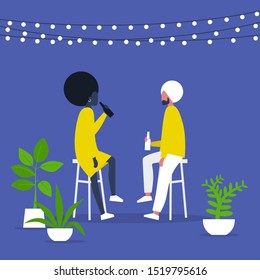 Weekend activities. Romantic date in a garden. Outdoor cafe terrace. String lights and plants. Hipster cafe. Summer. A couple drinking beverages. Flat editable vector illustration, clip art