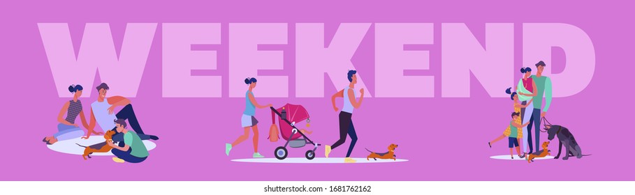 Weekend activities set. Families, kids, friends walking, jogging, shopping, city park view. Flat vector illustrations. Lifestyle, recreation concept for banner, website design or landing web page