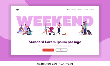 Weekend activities set. Families, kids, friends walking, jogging, shopping, city park view. Flat vector illustrations. Lifestyle, recreation concept for banner, website design or landing web page