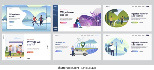 Weekend activities set. People skating, travelling by car, gardening, skiing. Flat vector illustrations. Lifestyle, recreation, leisure concept for banner, website design or landing web page