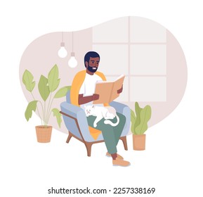 Weekend activity for introvert 2D vector isolated illustration. Bearded man enjoying book with cute cat flat character on cartoon background. Colorful editable scene for mobile, website, presentation