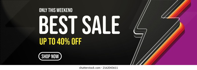 Weekend best sale up to 40 percent off banner. Flash sale, mega discount, price reduction for cheap online shopping on weekend. Website header vector illustration with flash bolt lightning design