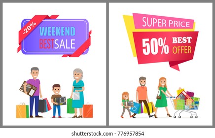 Weekend best sale super price offer 50% off label on poster with family on shopping. Mother, father and child carrying trolley full of gifts vector