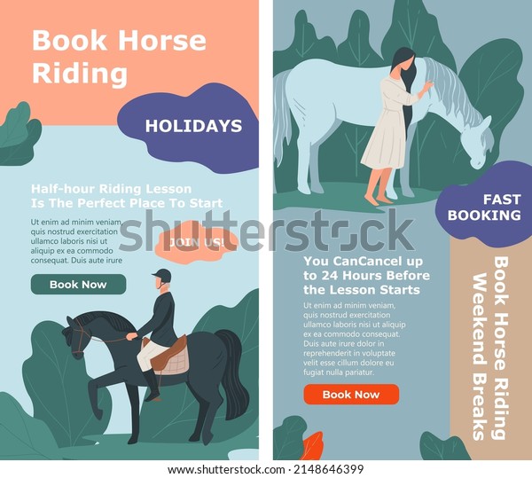 Weekend breaks and new experience, book horse\
riding now at online website with information. Farm or ranch with\
equine animals and jockey. Learn basics and enjoy on holiday.\
Vector in flat style