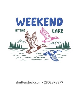 Weekend by the Lake Vintage Typography T-Shirt Design with Flying Ducks and Scenic Nature Illustration
