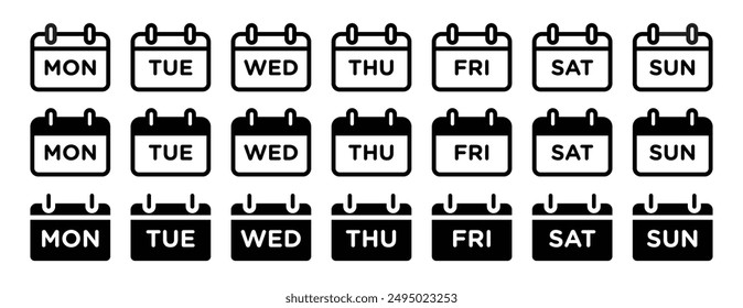 weekend calendar icon set. everyday or daily calendar sign. Monday, Tuesday, Wednesday, Thursday, Friday, Saturday, and Sunday. Mon, Tue, Wed, Thu, Fri, Sat, and Sun.