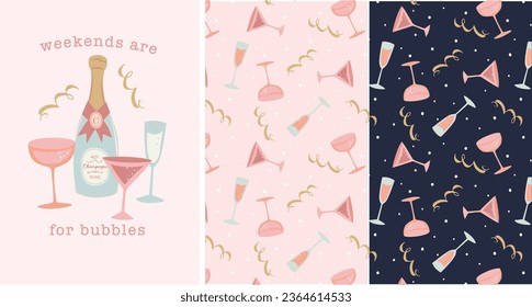 Weekend Celebration card, seamless vector pattern, champagne, bottle, glass