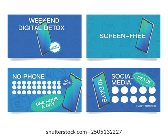 Weekend digital detox screen free no phone habit tracker card design template set vector illustration. Smartphone social network turn off internet addiction result checking control 10 30 days