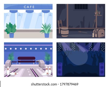 Weekend entertainment spot flat color vector illustration set. Cafe for lunch. Escape room. Bowling alley. Concert hall. Club 2D cartoon interior with decoration on background collection