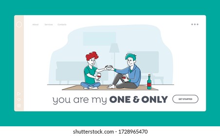 Weekend Evening, Love, Flirting Sparetime Landing Page Template. Young Loving Couple Characters Spend Time at Home Together Chatting Drink Wine Make Heart of Fingers. Linear People Vector Illustration
