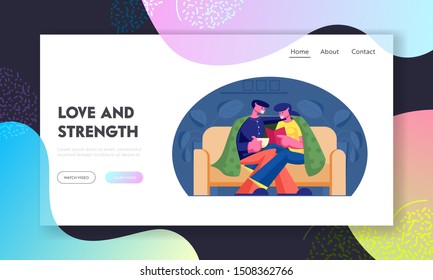 Weekend Evening Website Landing Page. Couple Spend Time at Home Sitting on Couch under Plaid Reading Book and Drinking Beverage. Love Leisure Day Off. Web Page Banner. Cartoon Flat Vector Illustration