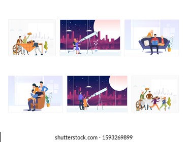 Weekend With Family Set. Parents And Kids Spending Time At Home, Watching Moon Through Telescope. Flat Vector Illustrations. Leisure, Lifestyle Concept For Banner, Website Design Or Landing Web Page