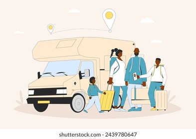 Weekend family travelling. Mum, dad and children standing near caravan, camper trailer. Road trip on outdoor vacation. Spring holiday journey. Vector flat illustration.