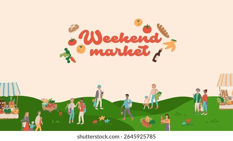 Weekend Farmers Market Vector Illustration with People Shopping Fresh Produce
