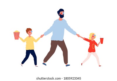 Weekend with father. Man kids going to cinema. Dad with daughter and son with popcorn drink in movie theater vector illustration