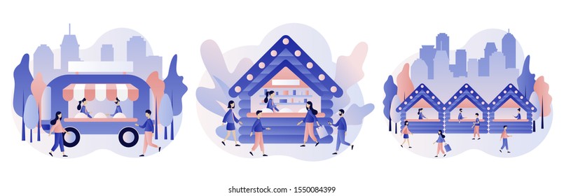 Weekend fest, food street fair, family festival concept. Modern flat cartoon style. Vector illustration