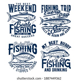 Weekend fishing hobby trip t-shirt prints. Tuna, mackerel and bream, carp fishes engraved vector. Trophy fishing sport, fisherman clothing print designs with vintage typography, sea and river fishes