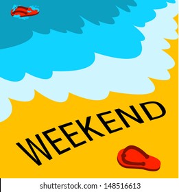 Weekend and flip flops on sandy beach and sea in summer vacation concept. Vector illustration. 