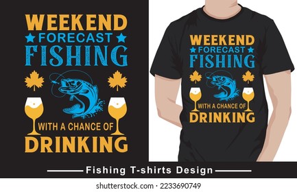 Weekend forecast fishing t-shirt vector design template. Good for fishing poster, label, emblem. With fish, fishing pole vector.