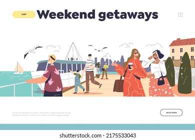 Weekend getaways concept of landing page with happy tourists enjoy walking along seafront embankment. People at shore quay, looking at ocean at vacation at seaside. Cartoon flat vector illustration