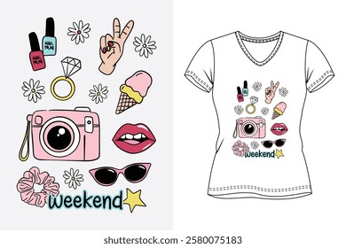 Weekend girl's summer fashion, Cute fashionable hand drawn graphic elements, nail polish, peace sign, flower, ring crown, ice cream, camera, lips, sunglass, scrunchie for t-shirt print vector design