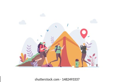 Weekend Hiking Vector Illustration Concept Showing group of people hiking adventure trip, Suitable for landing page, ui, web, App intro card, editorial, flyer, and banner.