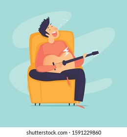 Weekend at home, the guy plays the guitar while sitting in a chair. Flat design vector illustration.