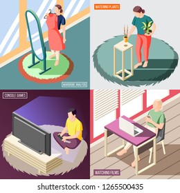 Weekend at home isometric concept people during wardrobe analysis watering plants watching films games isolated vector illustration