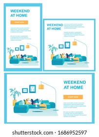 Weekend at Home for Loving Couple Web Material Set. Banner Webpage in Frame Kit for Online Service and Social Media Advert. Happy Loving Man Woman Rest in Living Room. Vector Illustration