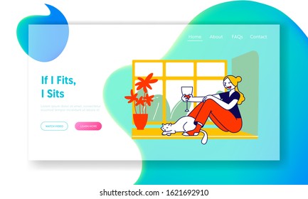 Weekend Home Relaxation, Leisure Girl with Pet Website Landing Page. Young Woman Sitting on Windowsill with Cat Drinking Wine Look at Window Web Page Banner. Cartoon Flat Vector Illustration, Line Art