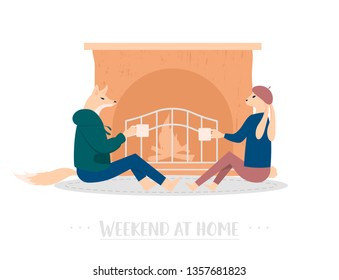 Weekend at home vector poster concept. Couple cartoon characters sitting near fireplace. Boyfriend and girlfriend drinking hot tea, coffee flat illustration. Animal metaphors for humans