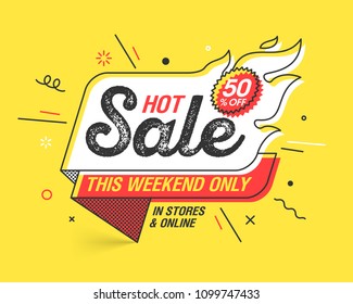 Weekend Hot Sale special offer banner template in flat trendy memphis geometric style, retro 80s - 90s paper style poster, placard, web banner design, vector illustration