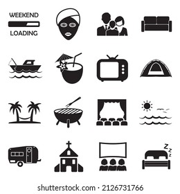 Weekend Icons. Black Flat Design. Vector Illustration.