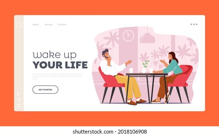 Weekend Leisure Landing Page Template. Young Happy Couple Sitting at Table Drinking Coffee, Talking and Laughing in Cafe or Restaurant. Man and Woman Dating, Pair Rest. Cartoon Vector Illustration