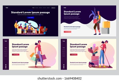 Tiempo de ocio del fin de semana. Hombre y mujer comprando, limpiando casa, disfrutando de fiesta. Ilustraciones vectoriales planas. Estilo de vida, actividad, concepto de trabajo doméstico para banner, diseño de sitio web o página web de aterrizaje