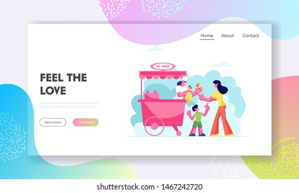 Weekend Leisure Website Landing Page, Mother Buying Ice Cream to Son Holding Air Balloon in Hand in Stall on Street or Park, Summer Treat Shopping Web Page. Cartoon Flat Vector Illustration, Banner