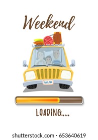 Weekend loading poster template with yellow car and happy family inside isolated on white background. Vector illustration.