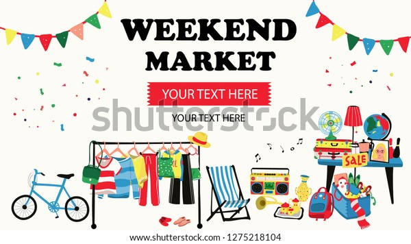 Weekend market\
banner with second hand shop doodle selling all old things like,\
clothes, suitcases, shoes, map, lamp and furnitures, all on white\
background, illustration,\
vector