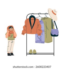 Weekend Market with Boy Character Buy Clothing Vector Illustration