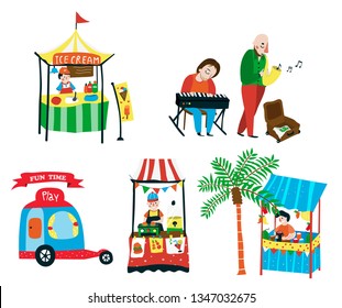 Weekend market doodle elements with food stalls, and street music band, all designed in colorful colors, white background, illustration, vector