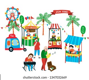 Weekend market doodle with food stalls selling ice-cream, juices, and burgers, and the street music band playing piano and saxophone, surrounded with palm trees, car toy and ferris wheel