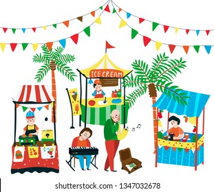 Weekend market doodle with food stalls, and street music band and flags on top, all designed in colorful colors, white background, illustration, vector