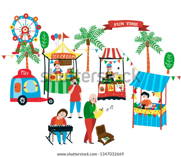 Weekend market doodle with food stalls selling\
ice-cream, juices, and burgers, and the street music band playing\
piano and saxophone, surrounded with palm trees, car toy and ferris\
wheel