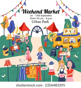  Weekend market or flea market in doodle style,  selling clothes, second-hand things, and foods, with cartoon character in colorful colors, all is illustration , vector. 